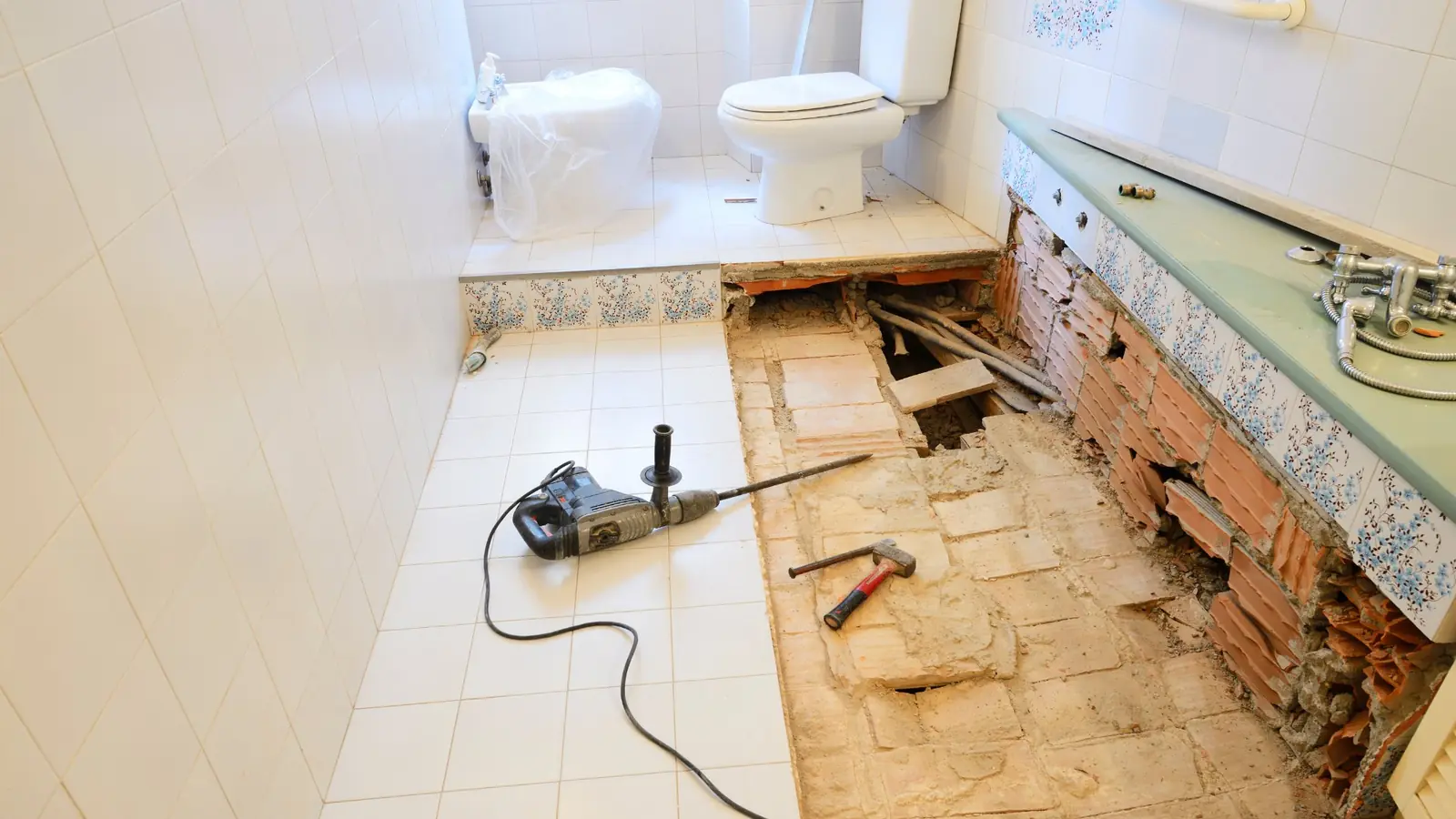 Bathroom demolition showing full scope of a mid-size remodel